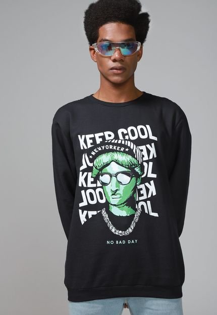 Blusa de Moletom Flanelada Fechada Forever 21 Keep Cool Preta - Marca Forever 21