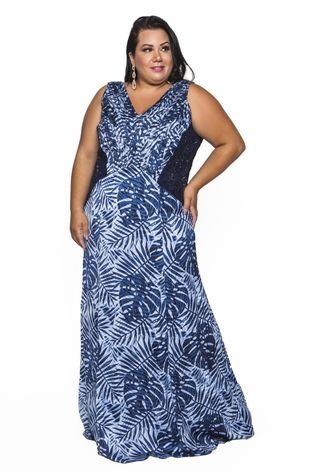 Vestido de Festa Longo Plus Size em Cetim Estampado Floral