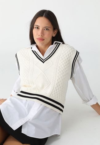 Colete Tricot Forever 21 Listras Off-White