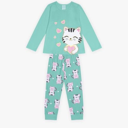 Pijama Infantil Menina Kyly Estampado com Gatinhos Verde Claro - Marca Kyly