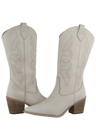 Bota Texana Western Em Couro Ravy Store Country Bico Fino Bordada Off White