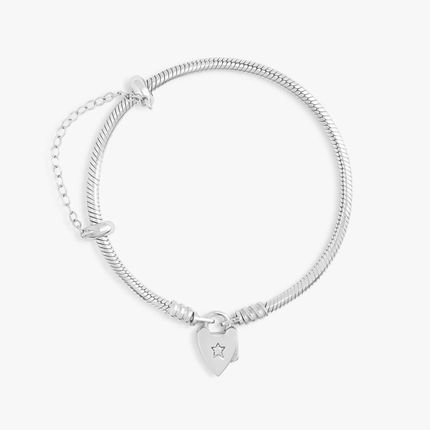 Pulseira Maleável em Prata 925 com Fecho Cadeado Coração Cravejado - 18 cm - Marca Jolie
