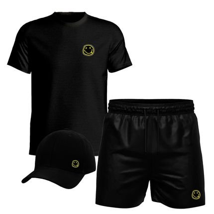 Conjunto Masculino Camiseta Algodão Short Tactel E Boné Emoji 2 - Marca Relaxado