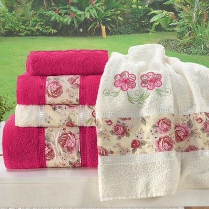 Jogo de Banho Bordado Floral Passione Algodão 5 Peças - Pink/Palha - Marca Casa Modelo Enxovais