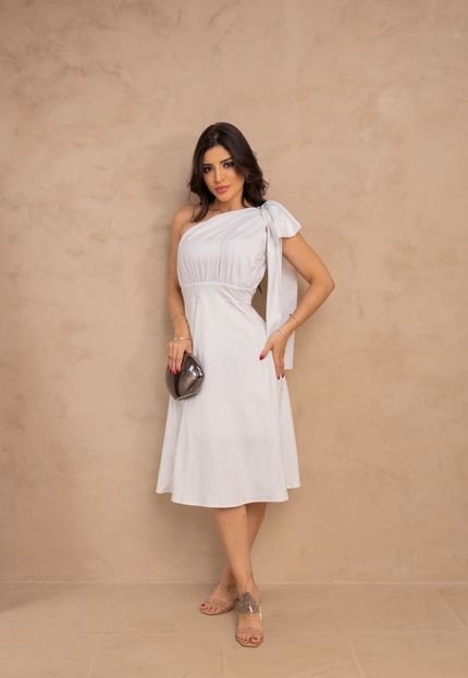 Vestido Midi um Ombro Fluity Noivas Civil Noivado Batizado Branco - Marca Cia do Vestido