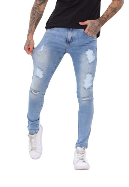 Calça Masculina Skinny Azul Rasgada Com Retalho Alleppo Jeans Calcutá - Marca Alleppo Jeans
