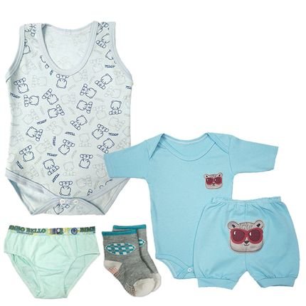 Kit Roupa de Bebê 5 Peças Conjunto Body Shorts Meia e Regata Azul Claro - Marca Koala Baby