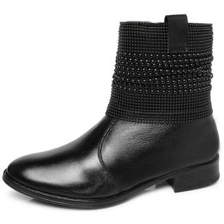 Bota Feminina Couro Malha Metal Bico Redondo Cano Curto Salto Baixo Preta