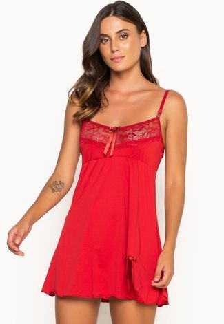 Camisola Feminina Lingerie Renda Roupa de Dormir Pijama 297 Vermelho