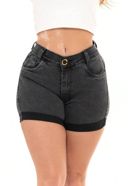 Shorts Jeans Feminino Meia Coxa Grafite Marmorizada Cintura Alta e Barra Dobrada - Marca GARAIS MODA