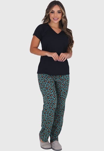 Pijama Manga Curta e Calça Comprida Estações Click Mais Bonita Onça Verde - Marca Click Mais Bonita