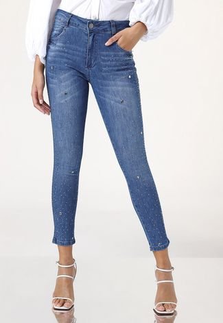 Calça Cropped Jeans Biotipo Skinny Pedraria Azul
