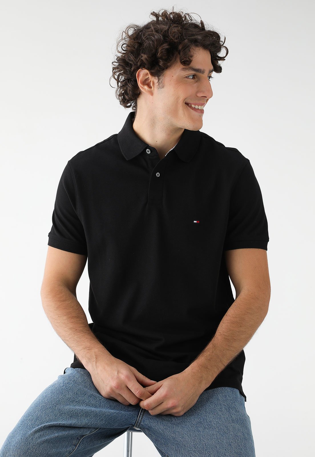 Camisa Polo Tommy Hilfiger Reta Logo Bordado Preta - Marca Tommy Hilfiger