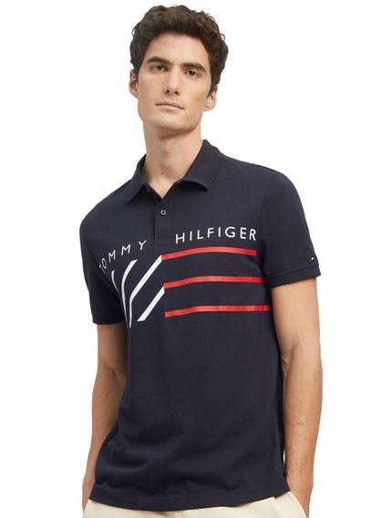 Polo Tommy Hilfiger Masculina Regular Piquet Brand Love Print Azul Marinho - Marca Tommy Hilfiger