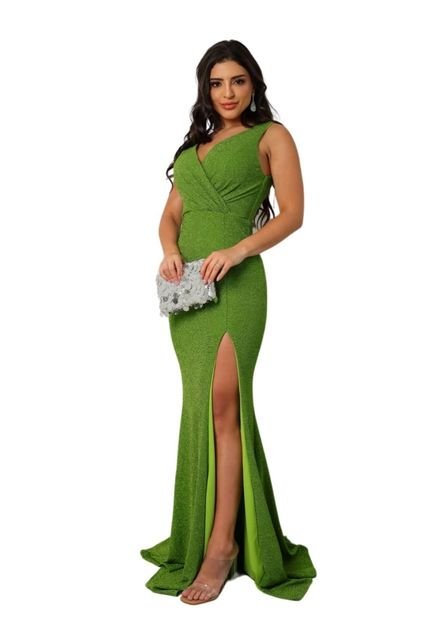 Vestido Longo de Festa Madrinhas Formandas Tubinho Sereia Decote V Lurex Fernandy Verde Oliva - Marca Cia do Vestido