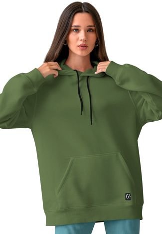 Blusa De Frio Feminina W2 Moletom Liso Com Capuz e Bolso Canguru Felpado Verde Militar