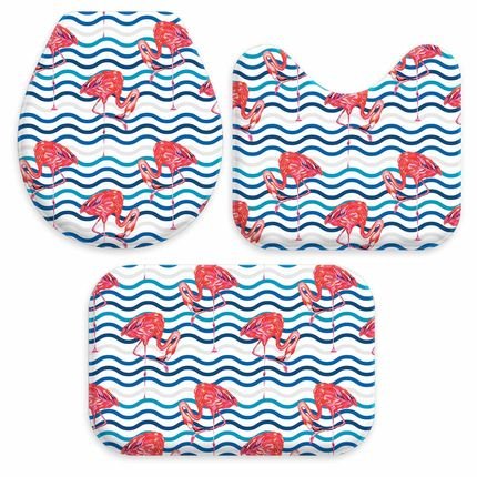 Kit 3 Tapetes Decorativos para Banheiro Wevans Flamingos Azul - Marca Wevans