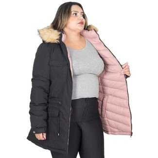 Jaqueta Parka Feminina Dupla Face Nylon Plus Size Com Capuz