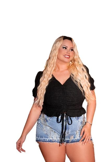 Cropped Plus Size Malha Laise com Babados  Preto - Marca It Curves