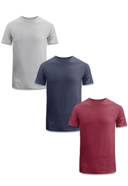 Camisetas Masculinas Em Algodão Kit 3 T-Shirt Manga Curta Gola Careca Simples Versátil Techmalhas Cinza/Azul Marinho/Bordô - Marca TECHMALHAS