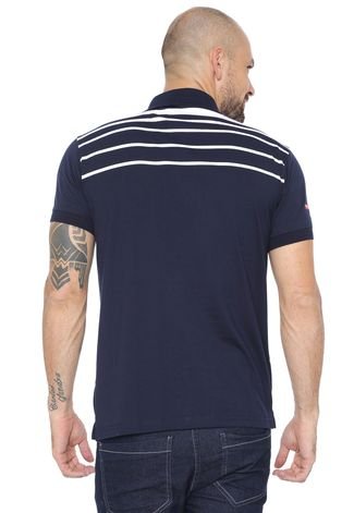 Camisa Polo Aleatory Reta Listrada Azul-Marinho/Branca