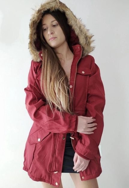 Jaqueta para Inverno Parka Sherpa Forrada com Capuz Removível Vermelha - Marca Cia do Vestido
