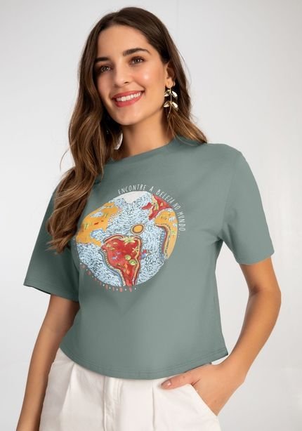 T-shirt Cropped em Malha com Estampa Mundo - Marca Lunender