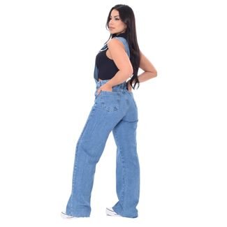 Macacão Calça Jeans Wide Leg Pantalona Jardineira Feminina