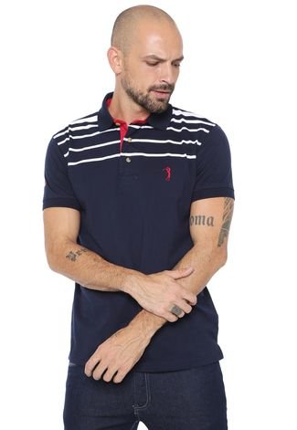 Camisa Polo Aleatory Reta Listrada Azul-Marinho/Branca