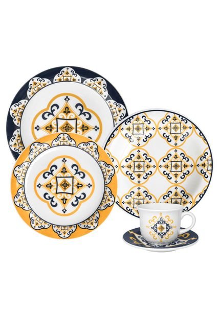Aparelho de Jantar e Chá Oxford Porcelana Floreal São Luís 30 pçs Branco/Azul/Amarelo - Marca Oxford