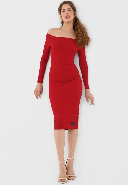 Vestido Calvin Klein Jeans Midi Canelado Vermelho - Marca Calvin Klein Jeans