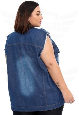 Colete Jeans Plus Size Destroyed - EWF Jeans - Azul Escuro