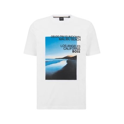 Camiseta Em Mistura De Algodão Com Estampa Fotográfica De Praia E Logotipo - Marca BOSS