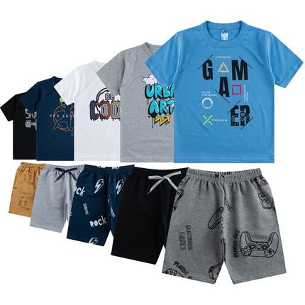 Lote 5 Conjuntos de Menino Bermudas Shorts e Blusa Camisetas Manga curta - Marca Alikids