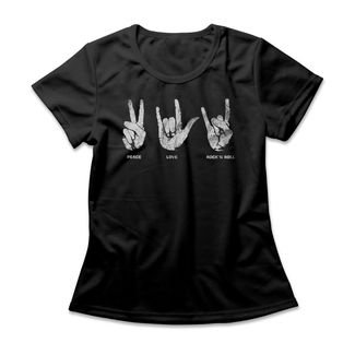 Camiseta Feminina Peace Love Rock - Preto