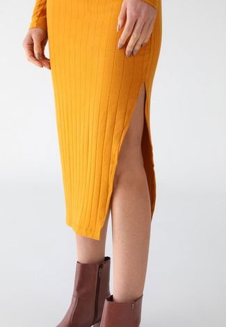 Vestido Canelado Colcci Midi Fenda Lateral Amarelo