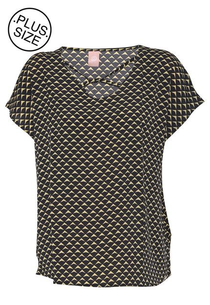 Blusa Cativa Plus Size Crepe Geométrica Preta/Amarela - Marca Cativa Plus