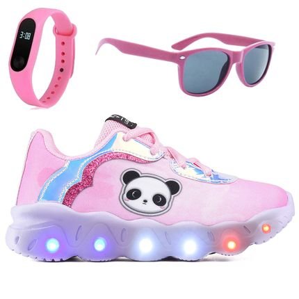 Kit Tênis Infantil de Led Feminino Panda Rosa Casual Óculos Relógio - Marca CALCADOS LGHT LIGHT