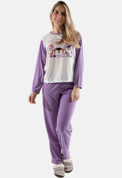 Pijama Feminino Longo Linha Noite Longo Inverno Manga Colorisa Lilás - Marca Linha Noite