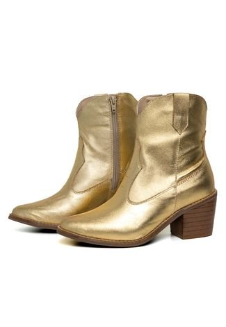 Bota Texana Western Bico Fino Cano Curto Country Couro Metalizado Ouro Kuento Shoes