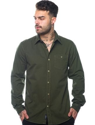 Camisa Disky Masculina Slim Fit Sarja Cristal Touch Verde Militar