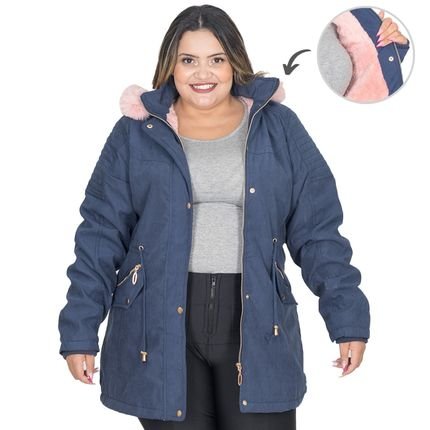 Jaqueta Parka Feminina Sarja Plus Size Peluciada Capuz Bolso - Marca Zafina