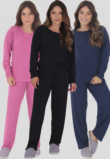 Kit com 03 Pijamas Manga Longa Thayla Felpado e Bicolor Viscose - Marca Click Mais Bonita