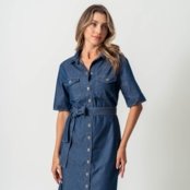 Vestido Chemise Midi Jeans Leve Fendas Laterais Cinto Azul Escuro - Marca Bloom