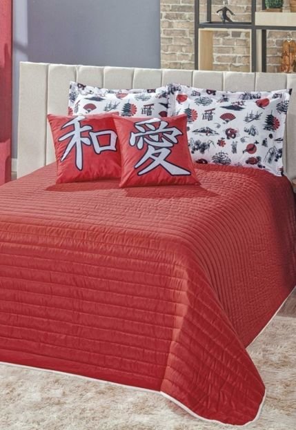 Cobre Leito Casal Queen Dupla Face Tokio com Almofadas 7 Peças - Vermelho/Preto - Marca Casa Modelo Enxovais