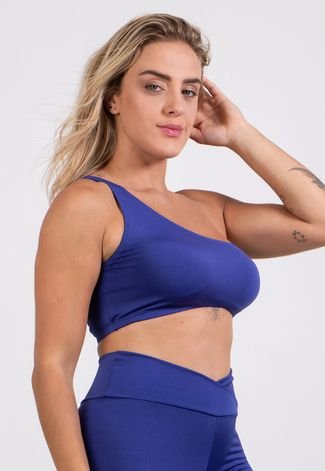 Top Cropped Fitness Feminino Com Alça De Um Ombro Só Blogueira 4 Estações Azul Royal