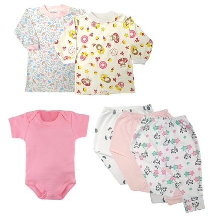 Kit Roupinhas de Bebê 6 Peças Camisetas Body Curto e Mijão Rosa - Marca Koala Baby