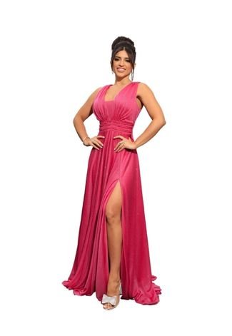 Vestido Longo de Festa Madrinhas Decote em V Micro tule com Brilho Felicia Pink