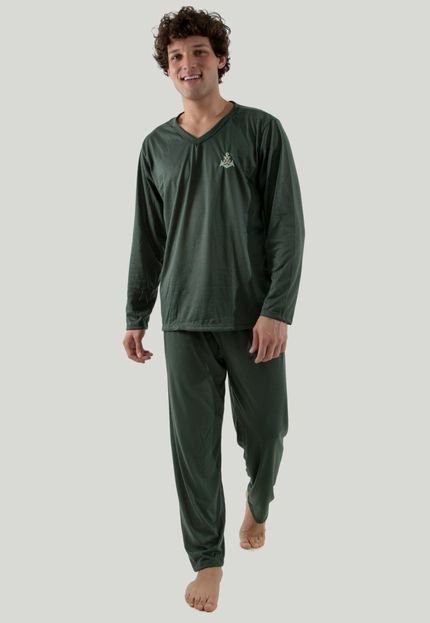 Pijama Longo Masculino Linha Noite Inverno Malha Verde Escuro - Marca Linha Noite