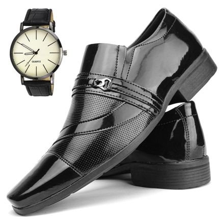 Sapato Social Masculino Calce Fácil Preto   Relógio - Marca Dhl Calçados
